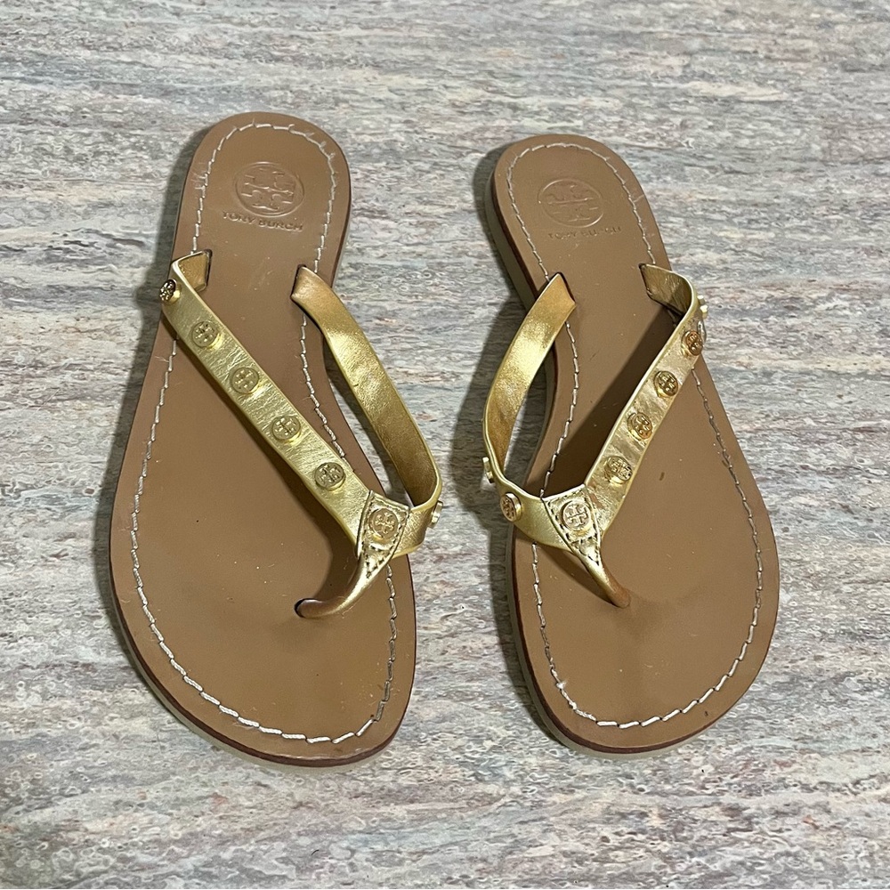 Tory Burch Gold studded Leather Thong Sandals with